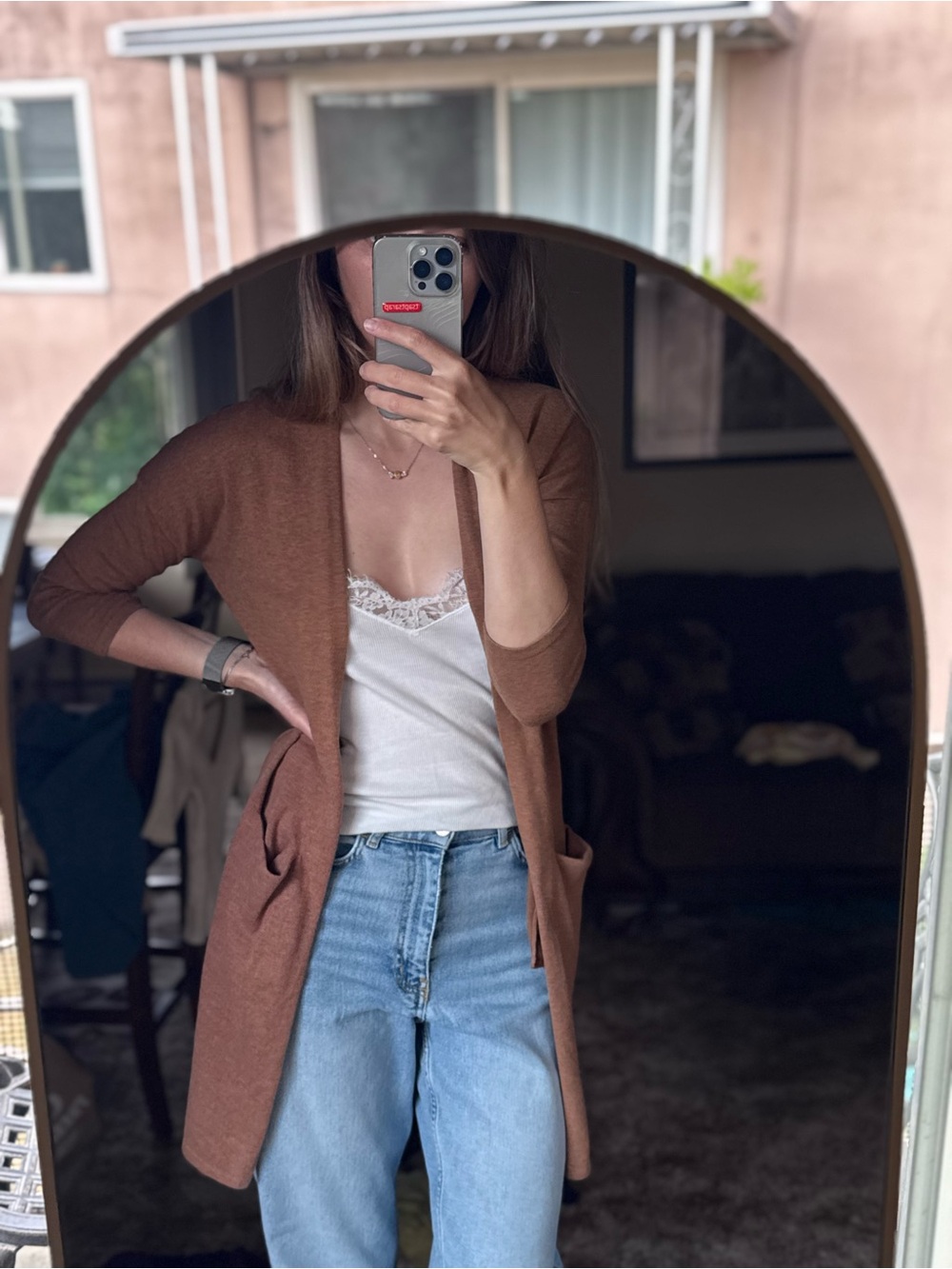 Kersh Rust Brown Open-Front Knit Cardigan